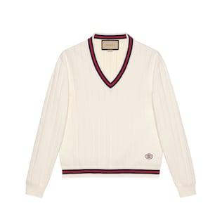 Cotton Knit V-Neck Sweater With Web