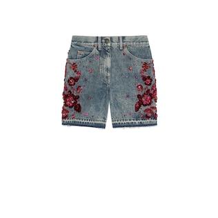 Denim Shorts With Floral Embroidery
