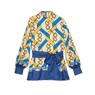 Horsebit Strap Print Silk Shirt