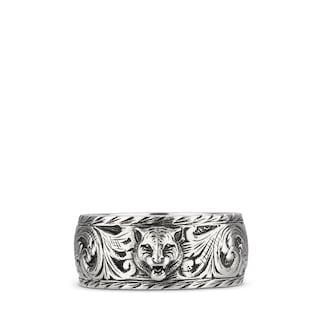 Thin silver ring with feline head