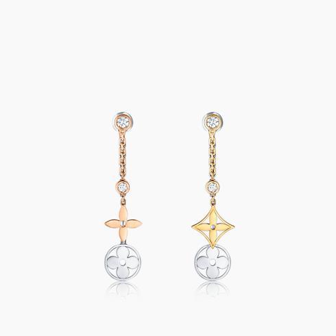 Blossom long earrings, 3 golds and diamonds