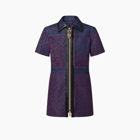 Flocked Monogram Denim Zip-Up Dress