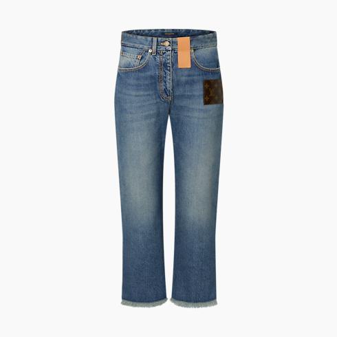 Frayed Hem Stonewashed Monogram Patch Jeans
