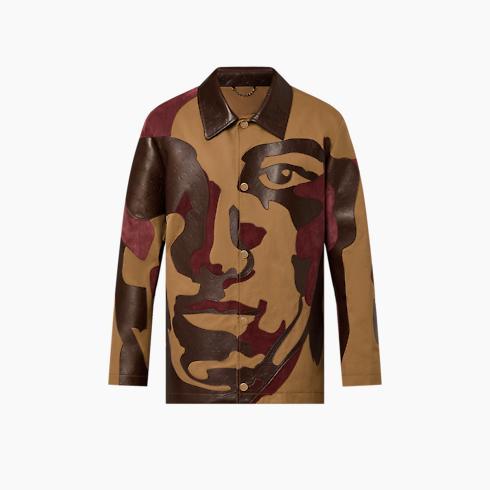 Patchworked Portrait Mixed Leather and Cotton Jacket