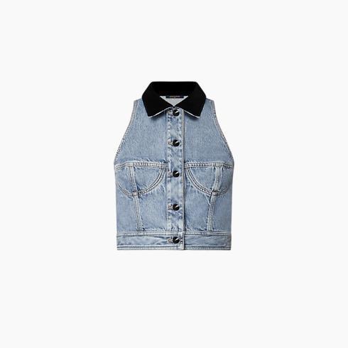 Sleeveless Velvet Accent Denim Jacket