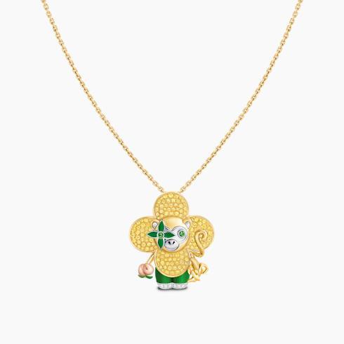 Vivienne Monkey Pendant, 3 Golds, Lacquer, Diamonds & Colored Gemstones