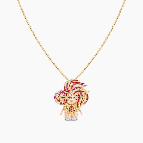 Vivienne Rooster Pendant, 3 Golds, Lacquer, Diamonds & Colored Gemstones