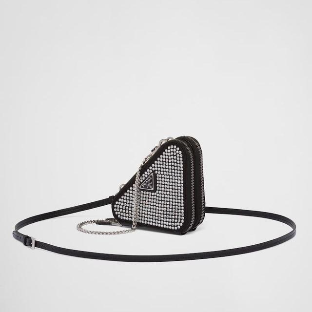 Triangular Embellished Satin and Leather Mini-Pouch