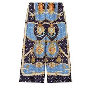 Polka-Dot Chain and Crest Print Silk Pant
