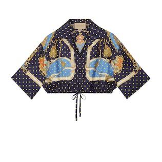Polka-Dot Chain and Crest Print Silk Shirt