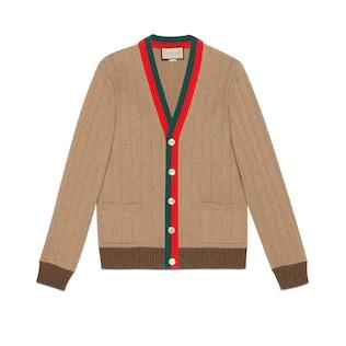 Rib Knit Camel Cardigan With Web