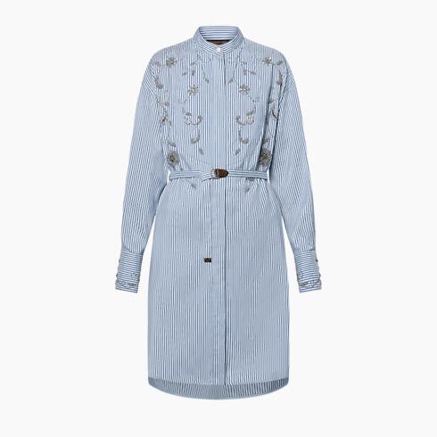 Bejeweled Floral Pinstripe Shirt Dress