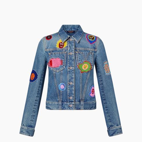Lv X Yk Faces Patches Fitted Denim Jacket
